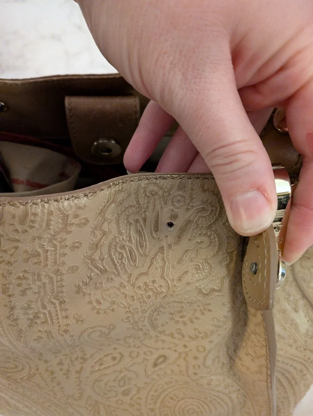 Etro Taupe Paisley-Embossed Leather Shoulder Bag With Dust Bag